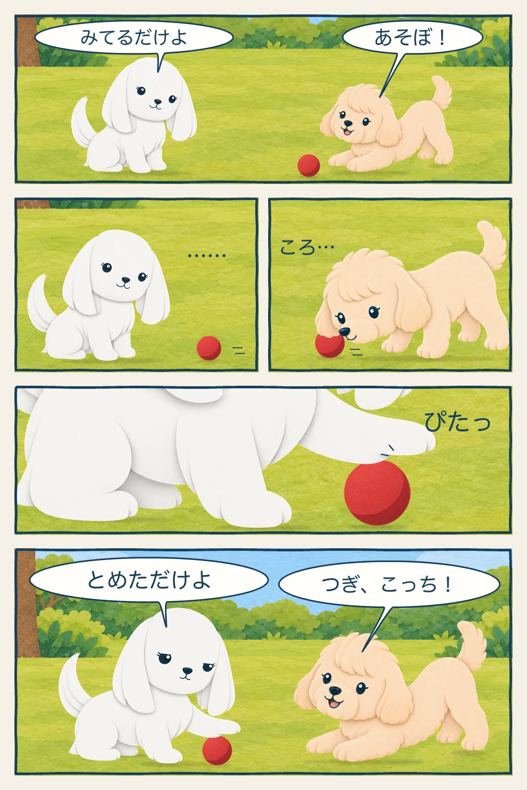 ココの「あそぼ！」に「みてるだけよ」と答えるマル。転がってきた赤いボールを前足で止め、「つぎ、こっち！」と待つココに「とめただけよ」と答える5コマ漫画