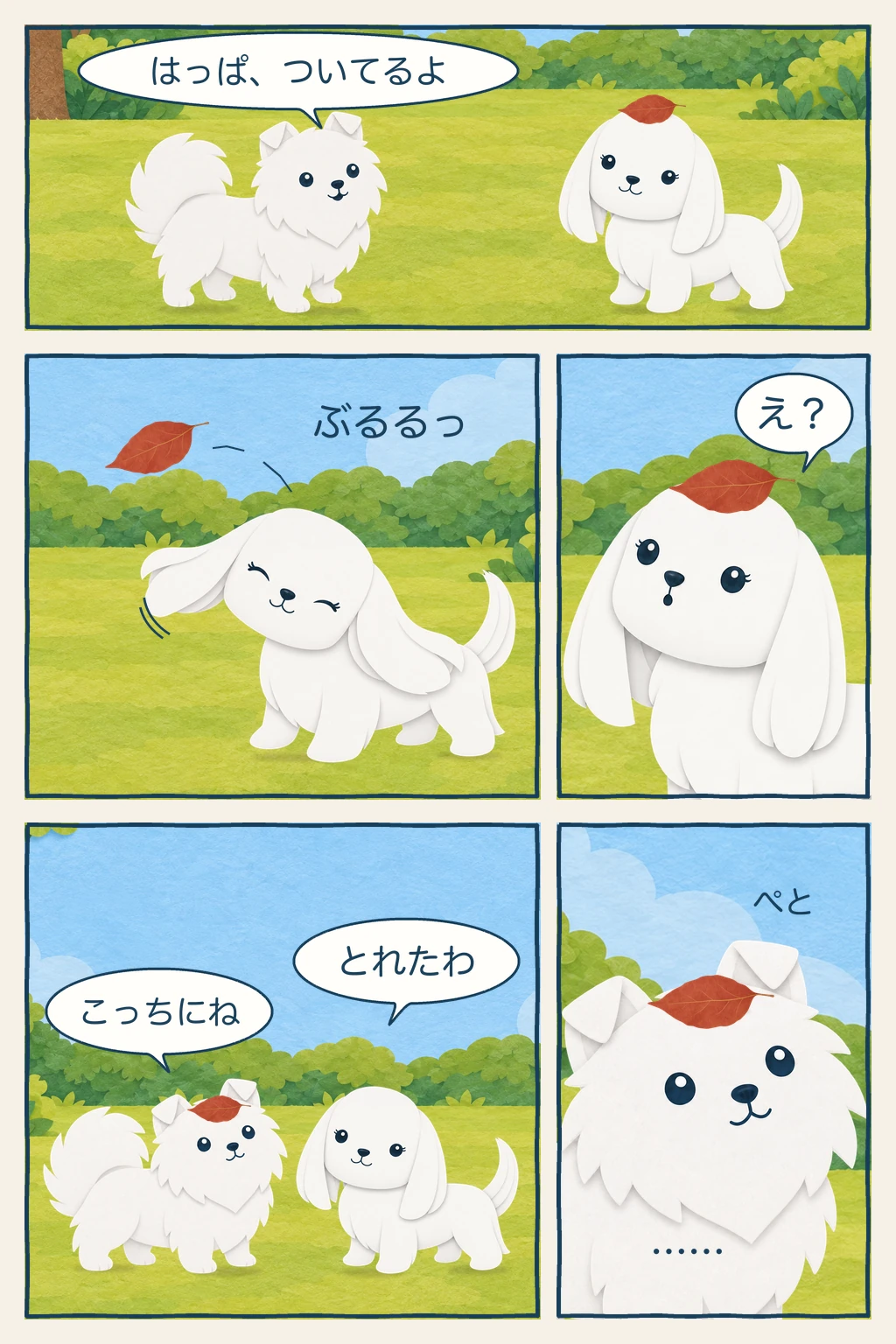 ポテがマルの頭のはっぱに気づき、「はっぱ、ついてるよ」。マルが体をふると、はっぱはポテの頭に移ります。「とれたわ」とすますマルに、ポテが「こっちにね」と答える5コマ漫画
