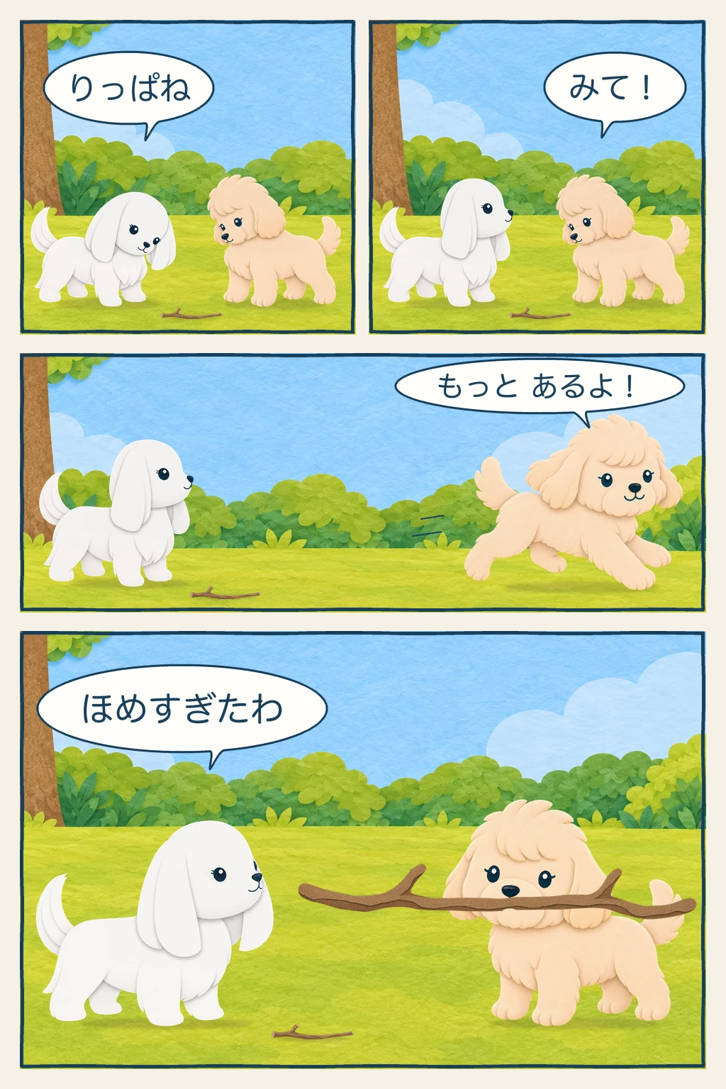 ココが小さなえだを見せると、マルが「りっぱね」とほめます。「もっと あるよ！」と走っていったココが大きなえだをくわえてもどり、マルが「ほめすぎたわ」とつぶやく4コマ漫画