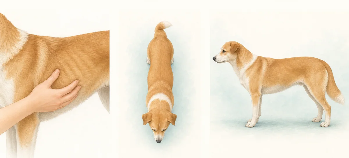 犬の肋骨を手で確かめる様子と、真上から見た腰のくびれ、真横から見た腹部のライン